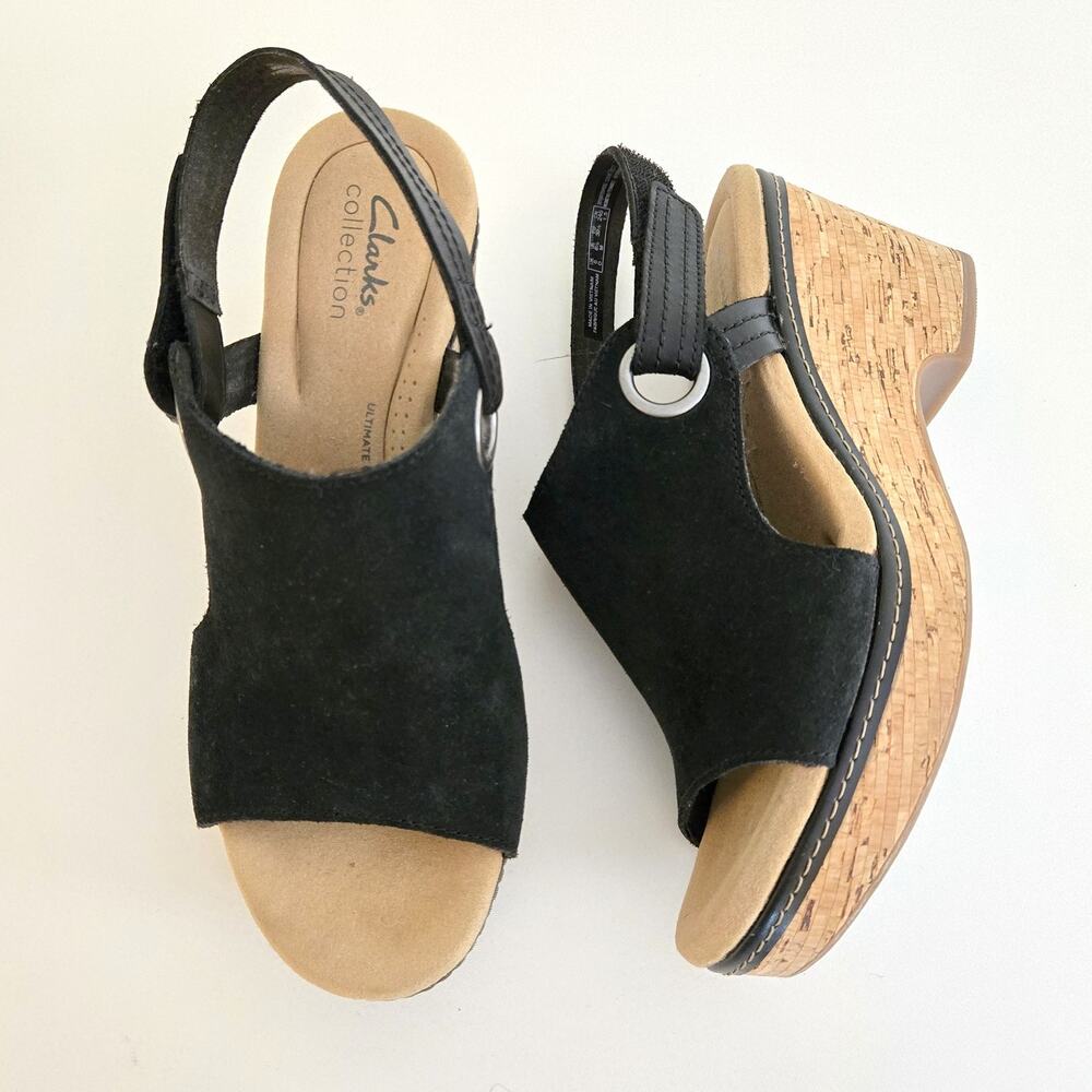 Clarks Collection Black Suede Cork Wedge Slingback Sandals US 8.5 M